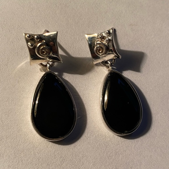 Sterling Silver Black Onyx Stone Dangle Earrings - Picture 10 of 10
